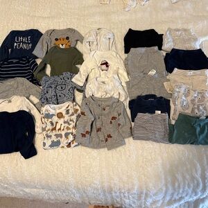 23 piece Assorted Baby boy Clothing NB carters, cloud island, Gerber